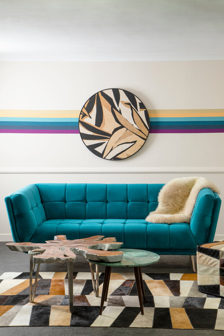 Large Geometric Striped Hair on Leather Cowhide Patchwork Rug