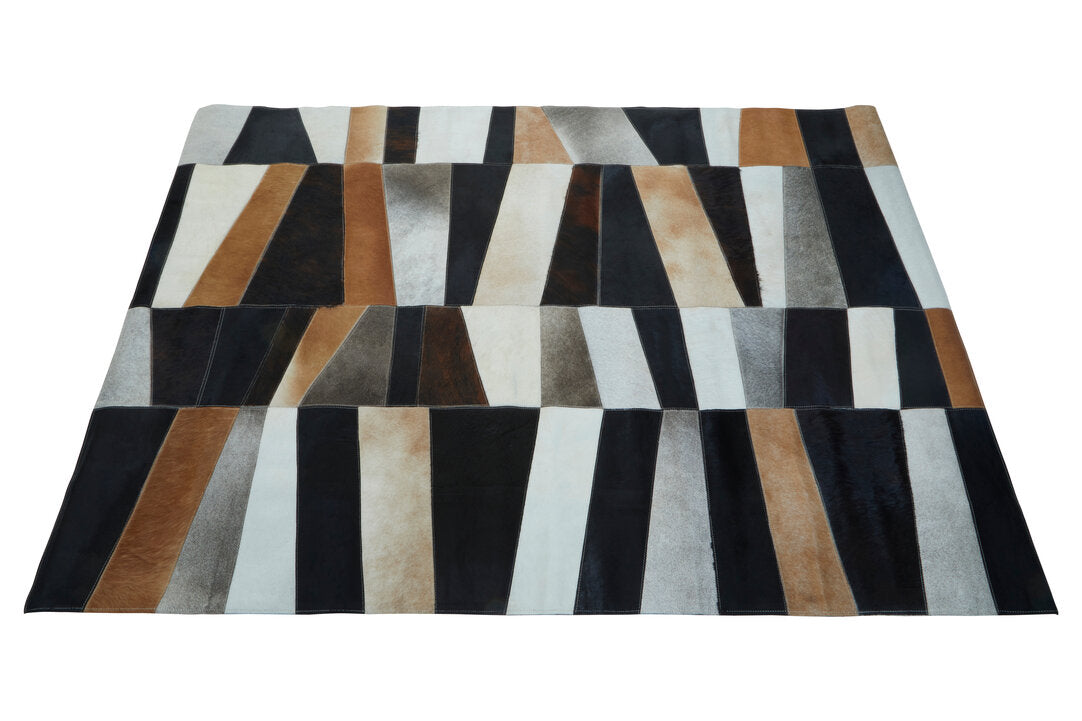 Large Geometric Striped Hair on Leather Cowhide Patchwork Rug