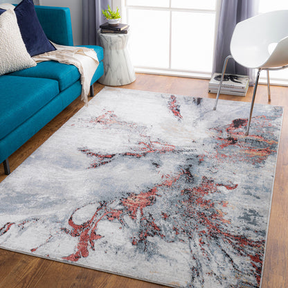 Jolie Grey and Red Abstract Modern Marble Rug