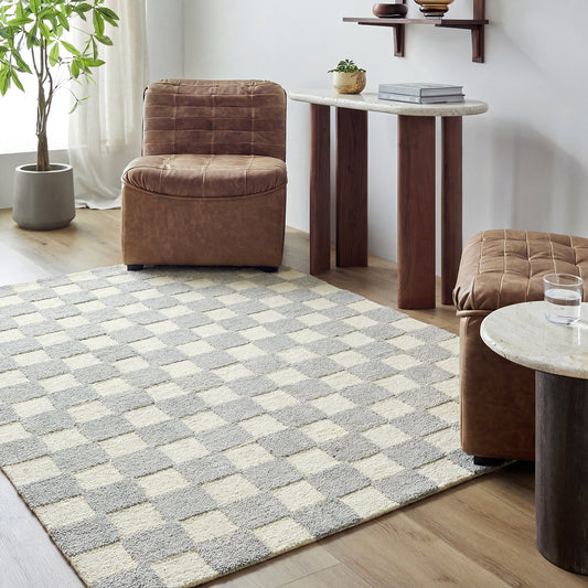 Klopp Grey and Cream Modern Checkboard Wool Rug