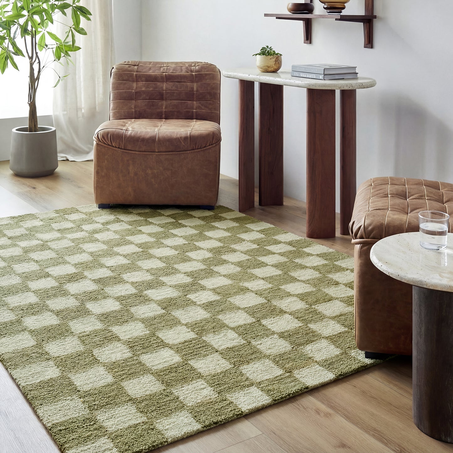 Klopp Green and Cream Modern Checkboard Wool Rug