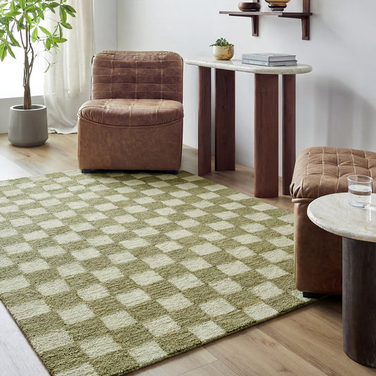 Klopp Green and Cream Modern Checkboard Wool Rug