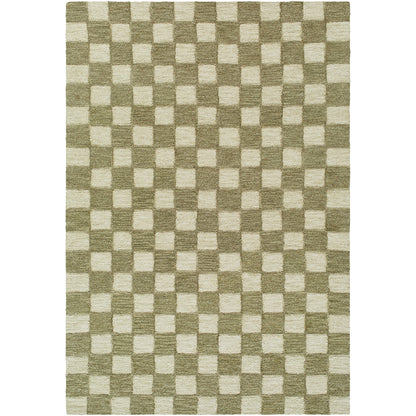 Klopp Green and Cream Modern Checkboard Wool Rug