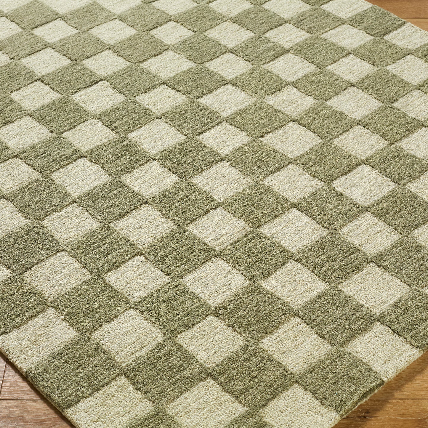 Klopp Green and Cream Modern Checkboard Wool Rug