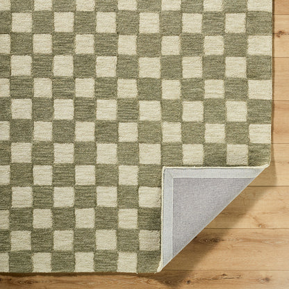 Klopp Green and Cream Modern Checkboard Wool Rug