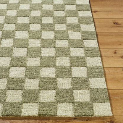 Klopp Green and Cream Modern Checkboard Wool Rug
