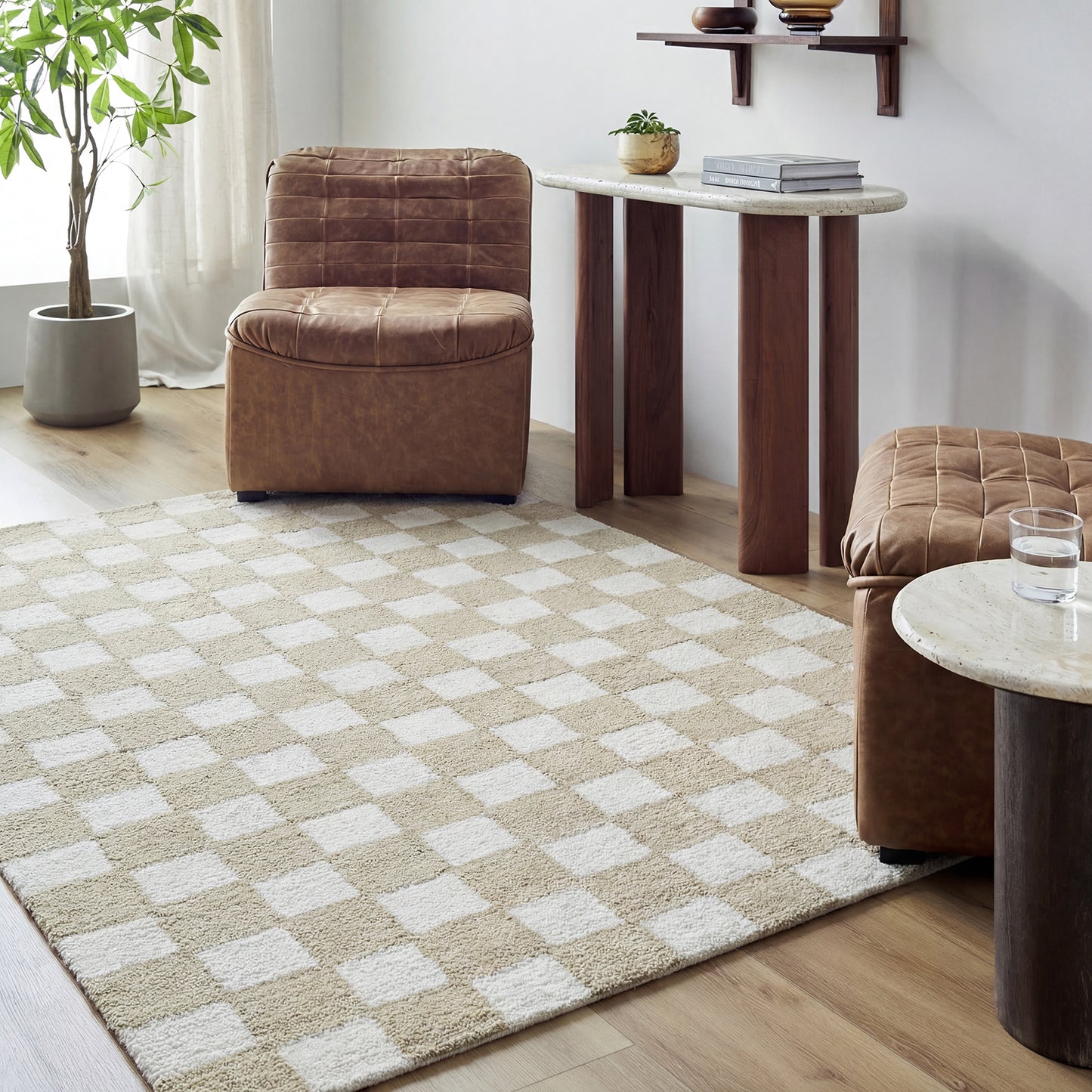 Klopp Beige and Cream Modern Checkboard Wool Rug