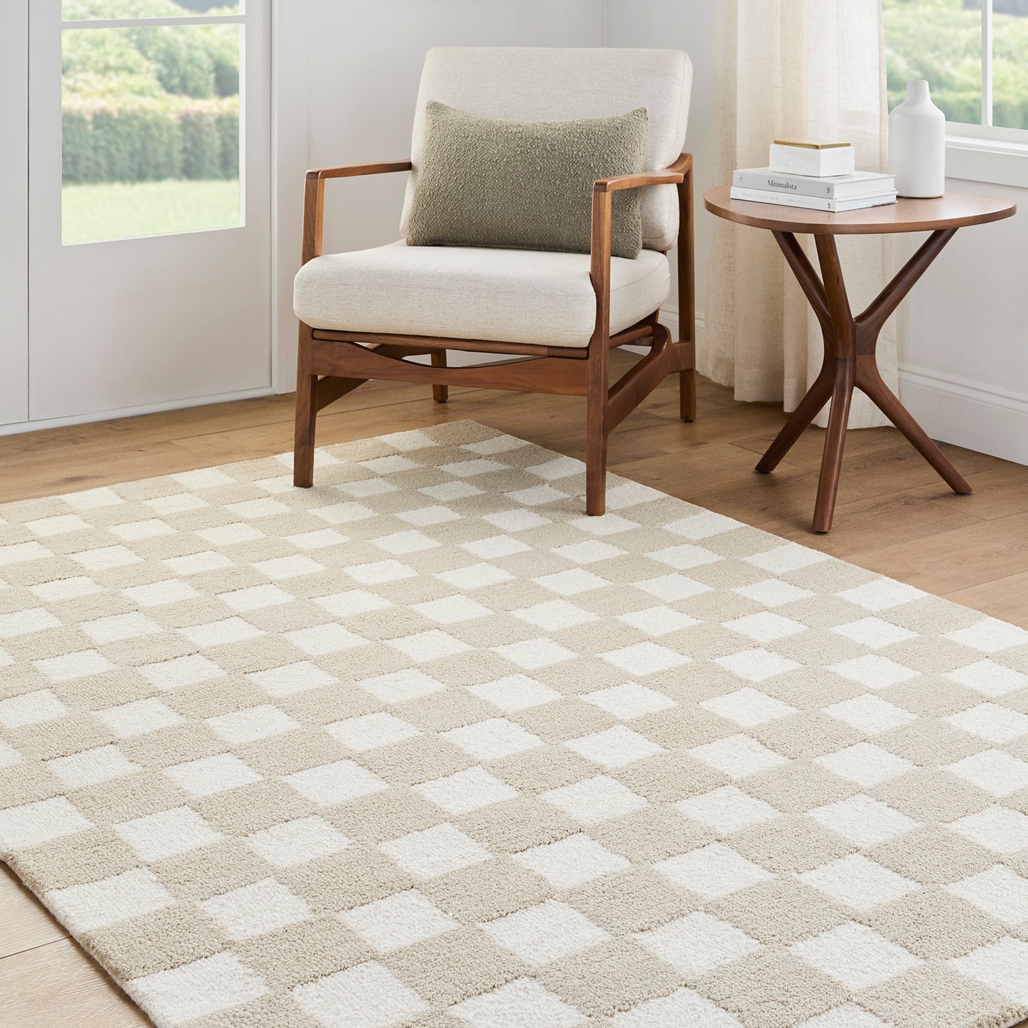 Klopp Beige and Cream Modern Checkboard Wool Rug