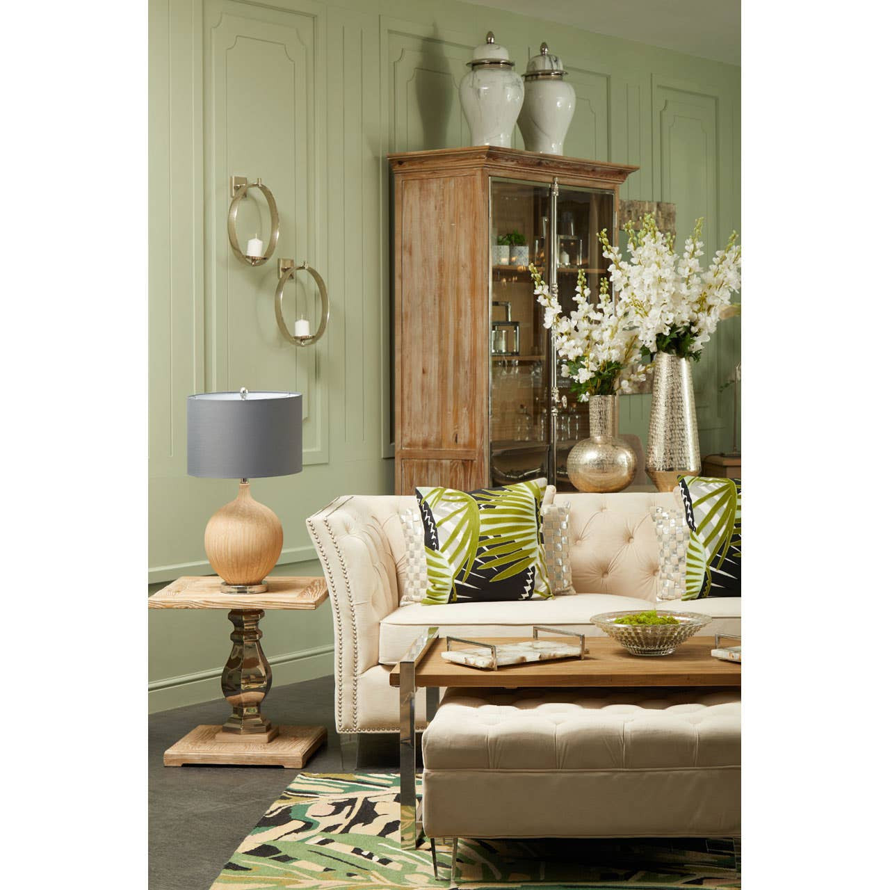 Large Botanical Green Black and Cream Wool Mix Modern Rug