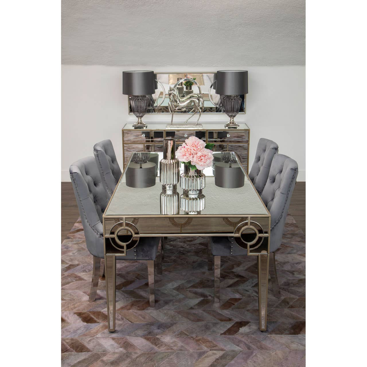 Large Cowhide Grey Hair on Leather Chevron Patchwork Rug