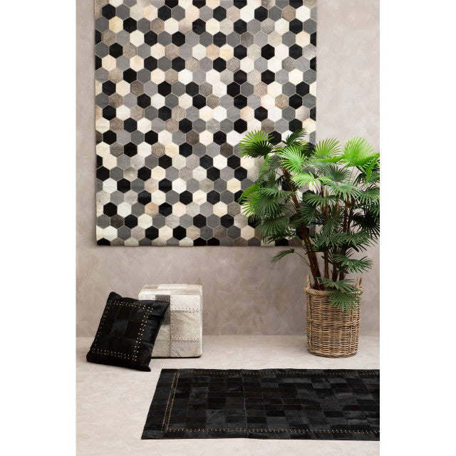 Large Black Cowhide Hair on Leather Patchwork Rug With Gold Studs