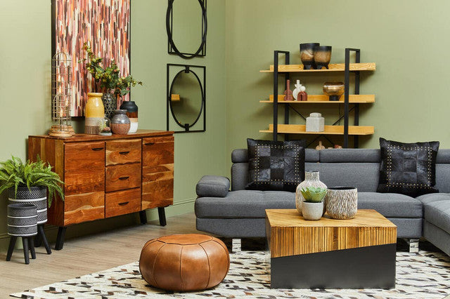 Large Cowhide Hair on Leather Chevron Patchwork Rug