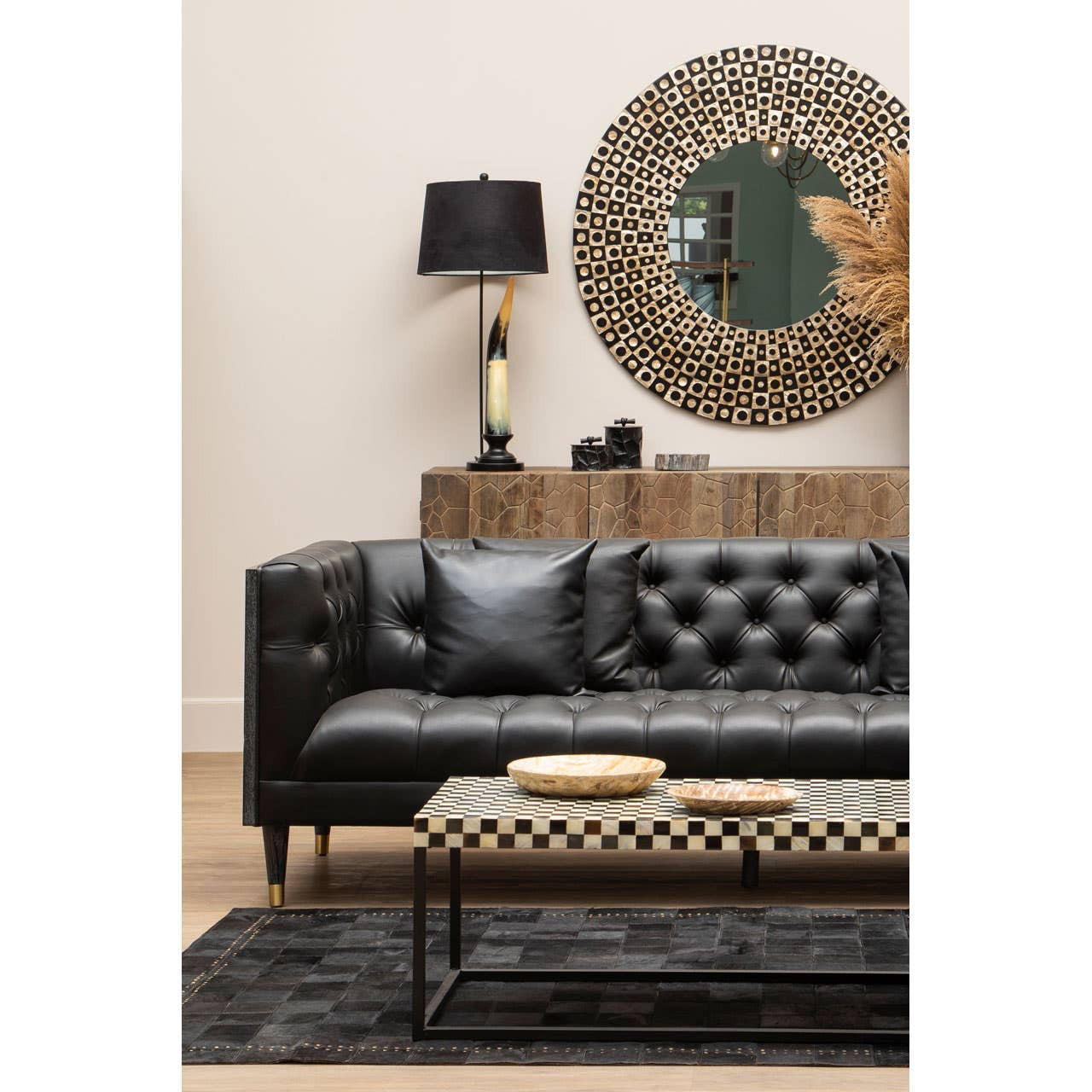 Large Black Cowhide Hair on Leather Patchwork Rug With Gold Studs