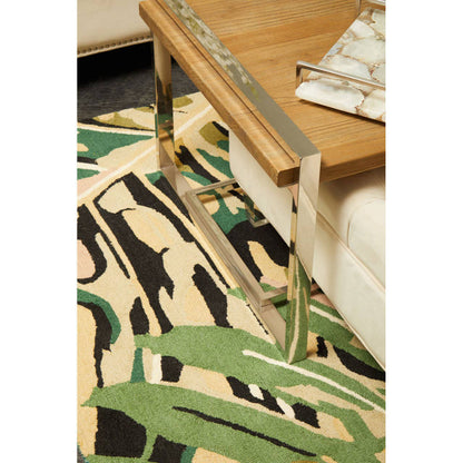 Large Botanical Green Black and Cream Wool Mix Modern Rug