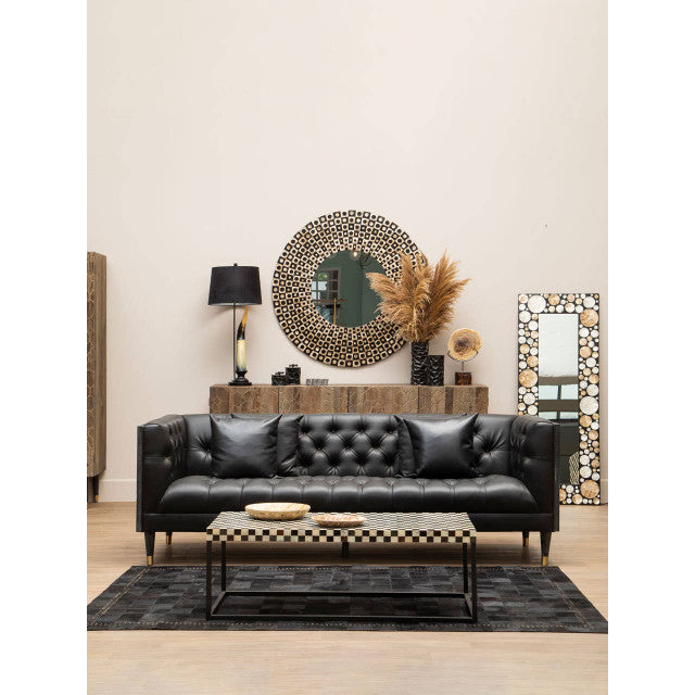 Large Black Cowhide Hair on Leather Patchwork Rug With Gold Studs