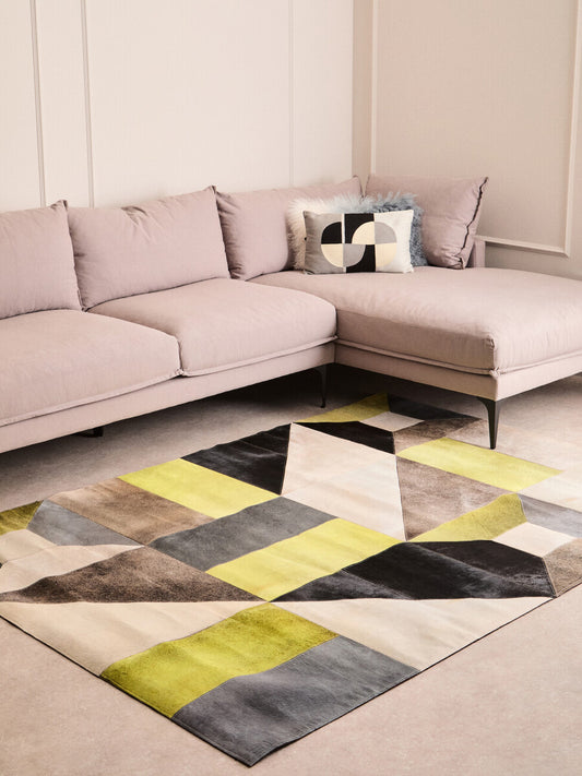 Large Multi-Coloured Cowhide Hair on Leather Abstract Patchwork Rug