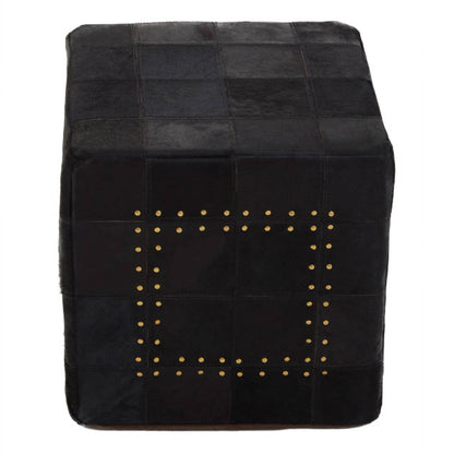 Black Patchwork Cowhide Leather Pouffe With Gold Studs