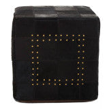 Black Patchwork Cowhide Leather Pouffe With Gold Studs