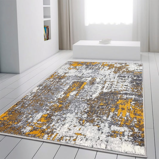 Grey / Mustard Distressed Marble Abstract Rug 200cm x 290cm