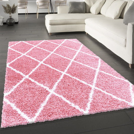 Pink Fluffy Shaggy Diamond Geometric Rug 200cm x 290cm