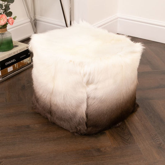 Ivory and Brown Goatskin Ombre Pouffe