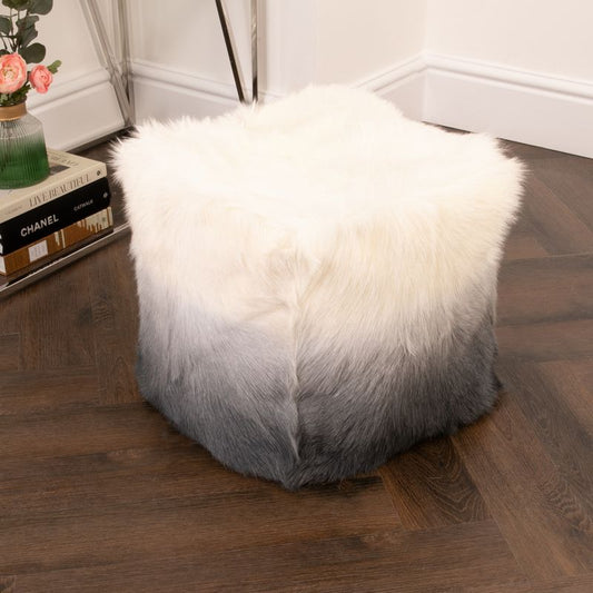 Ivory and Charcoal Goatskin Ombre Pouffe