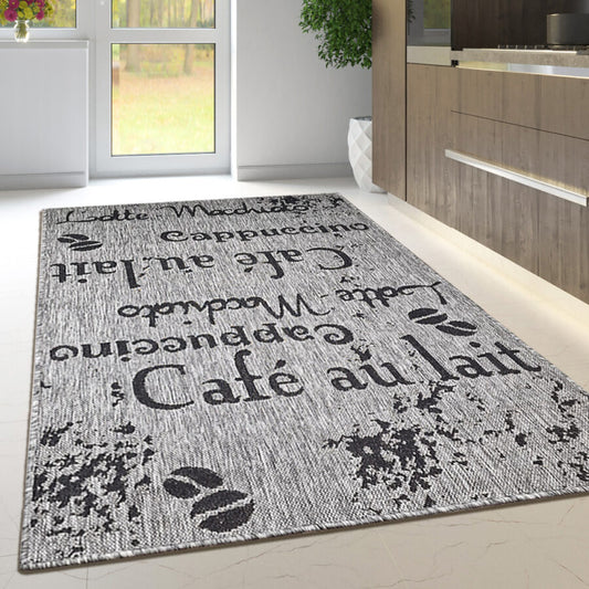 Grey Non-Slip Flat Weave Coffee Pattern Rug