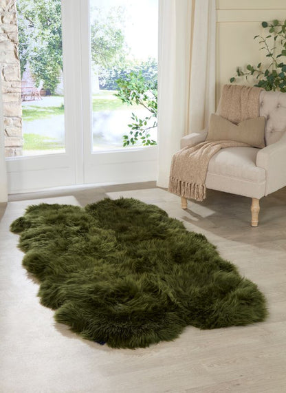 Large Olive Green Genuine Super Soft NZ Sheepskin Rug - 4 Pelt 120cm x 240cm