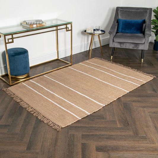Brown and Cream Striped Wool and Jute Rug