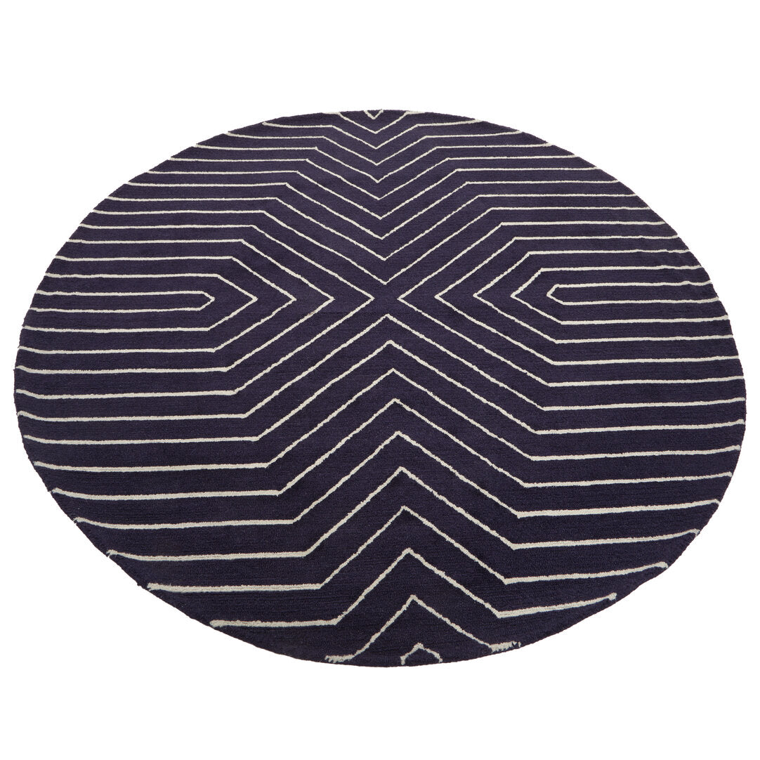 Navy Blue And White Geometric Line Pattern Round Rug