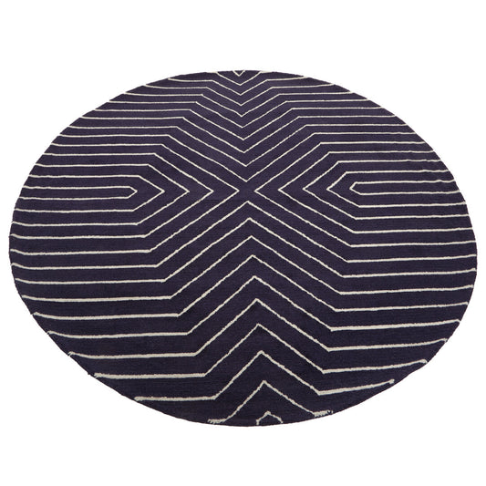 Navy Blue And White Geometric Line Pattern Round Rug