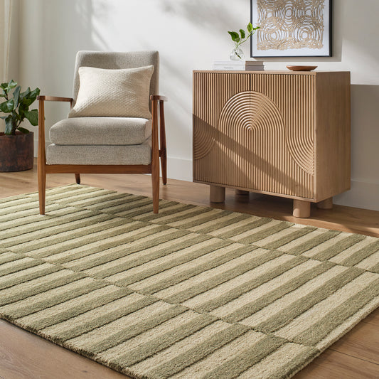 Idaho Green and Cream Stripe Modern Wool Rug
