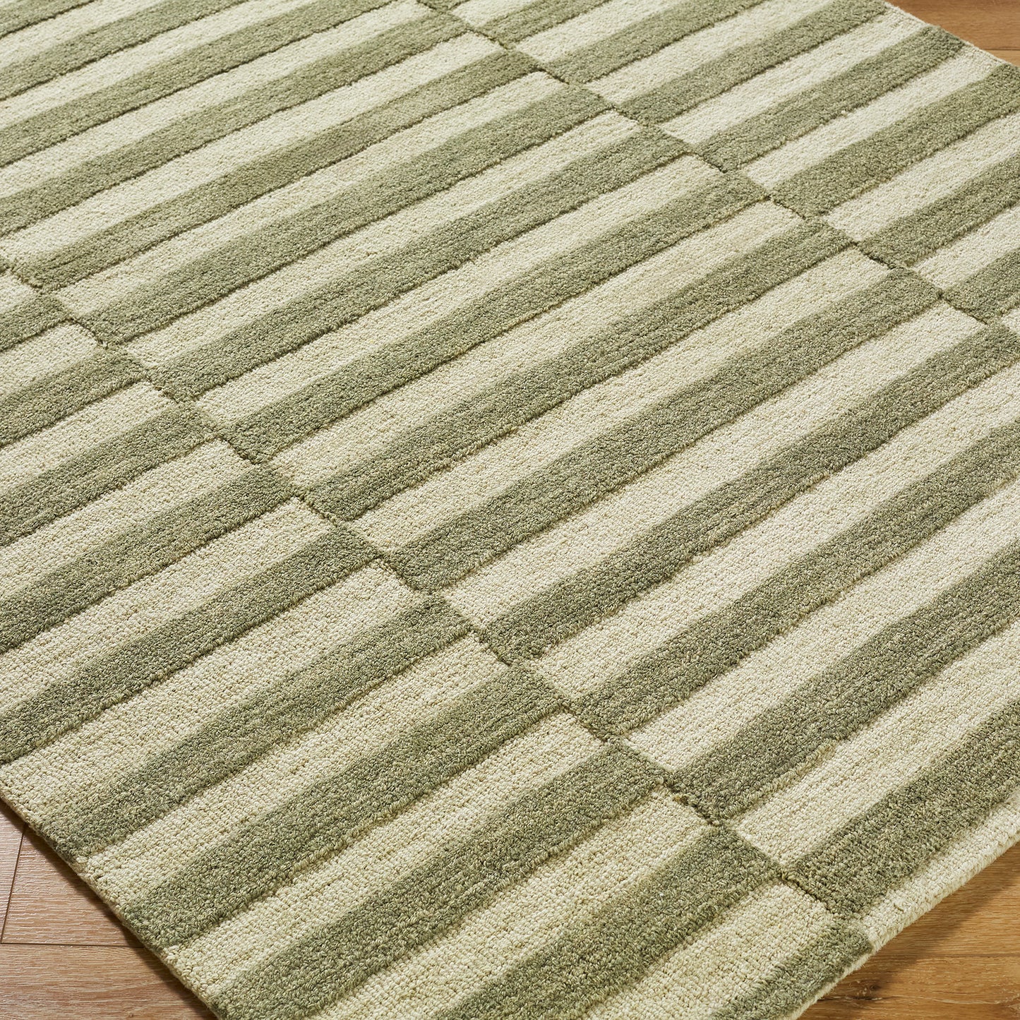 Idaho Green and Cream Stripe Modern Wool Rug