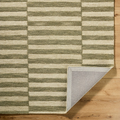 Idaho Green and Cream Stripe Modern Wool Rug