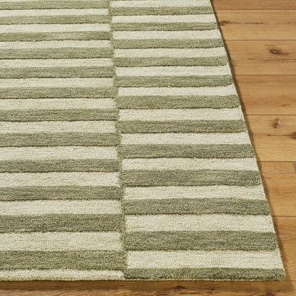 Idaho Green and Cream Stripe Modern Wool Rug