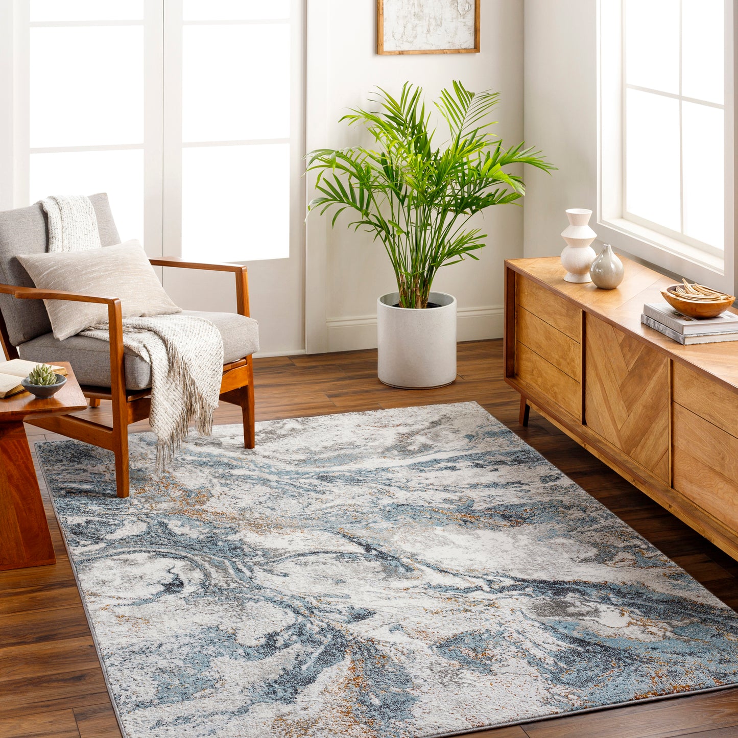 San Francisco Blue Abstract Modern Marble Rug