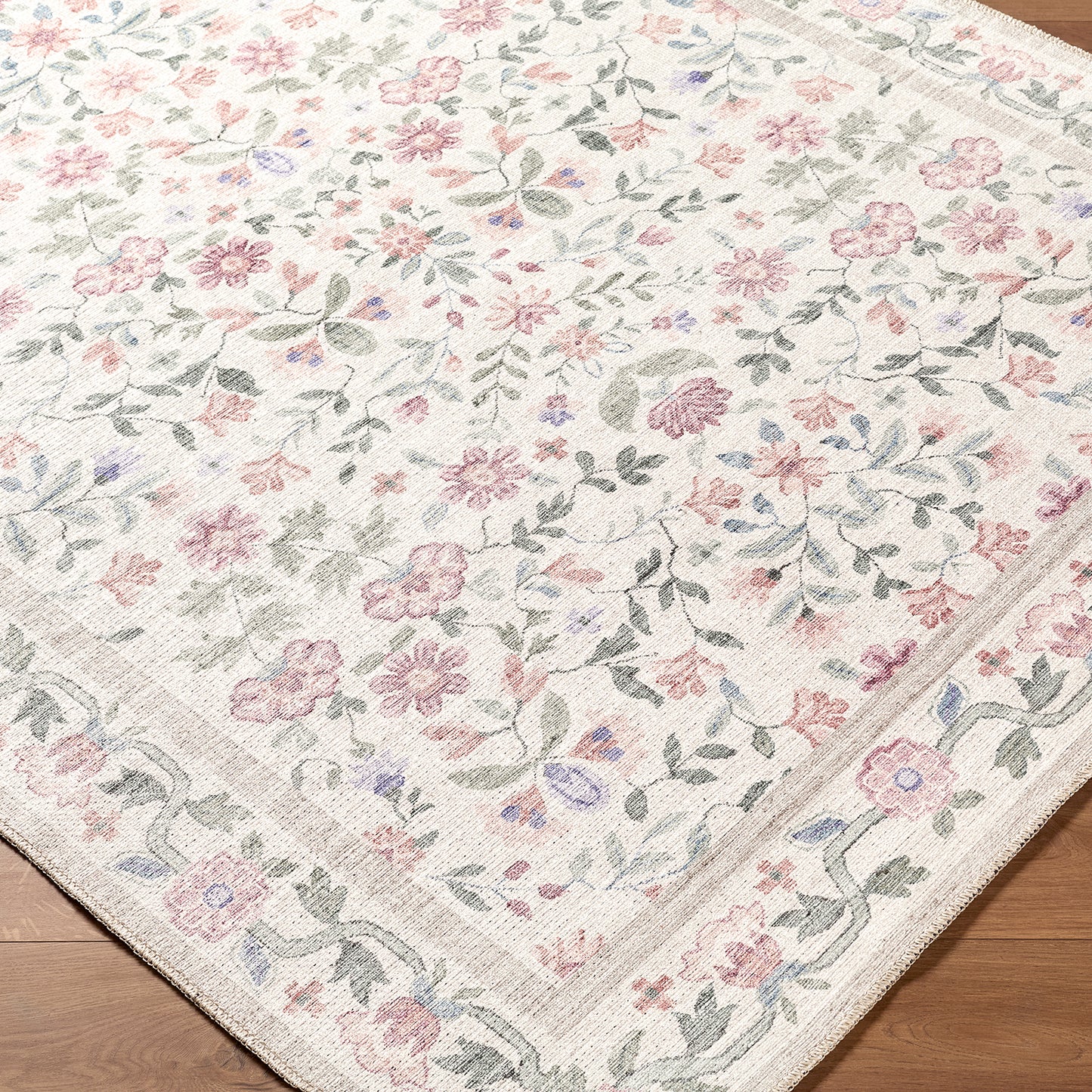 Thistle Floral Pink and Cream Traditional Washable Rug