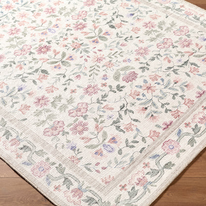 Thistle Floral Pink and Cream Traditional Washable Rug