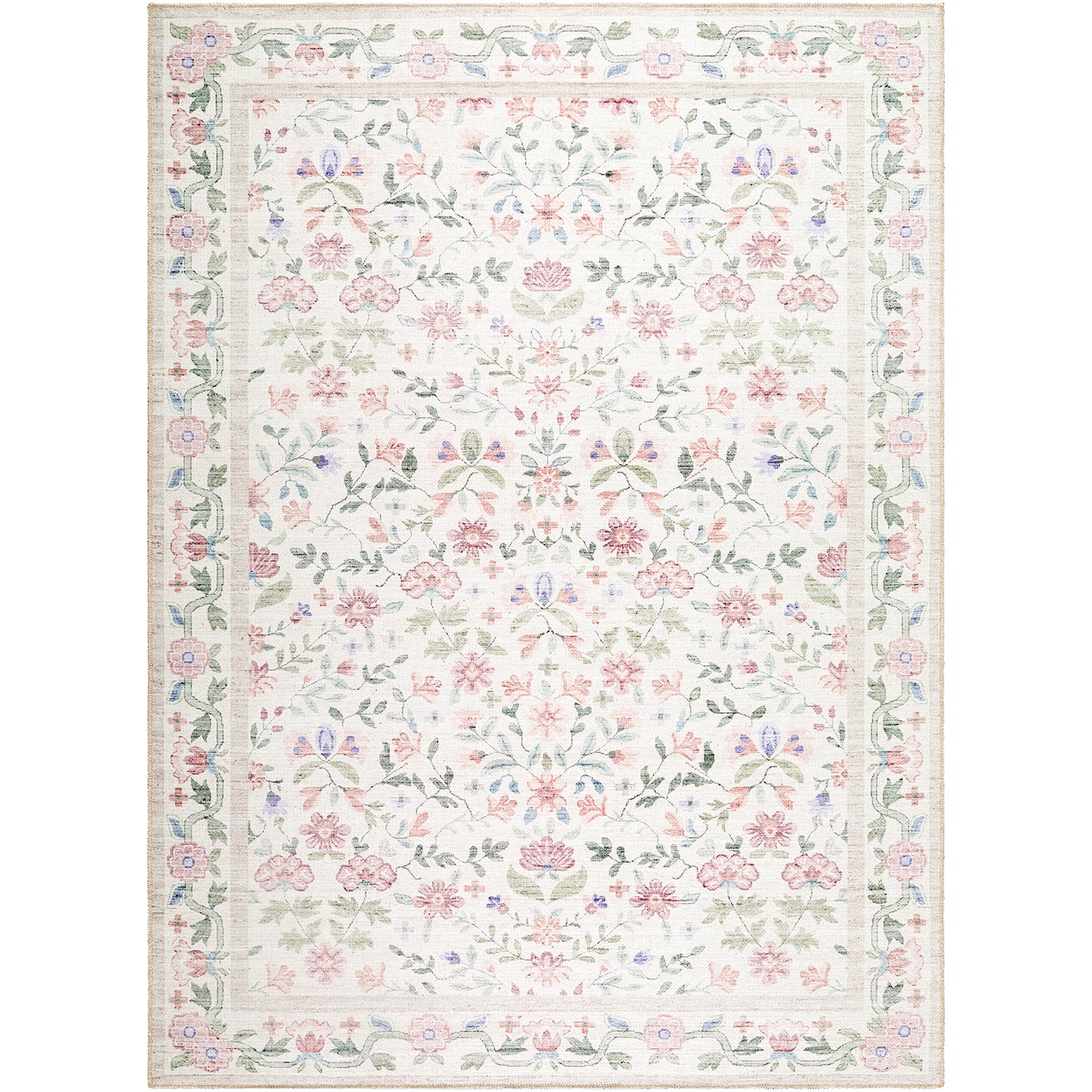 Thistle Floral Pink and Cream Traditional Washable Rug