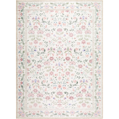 Thistle Floral Pink and Cream Traditional Washable Rug
