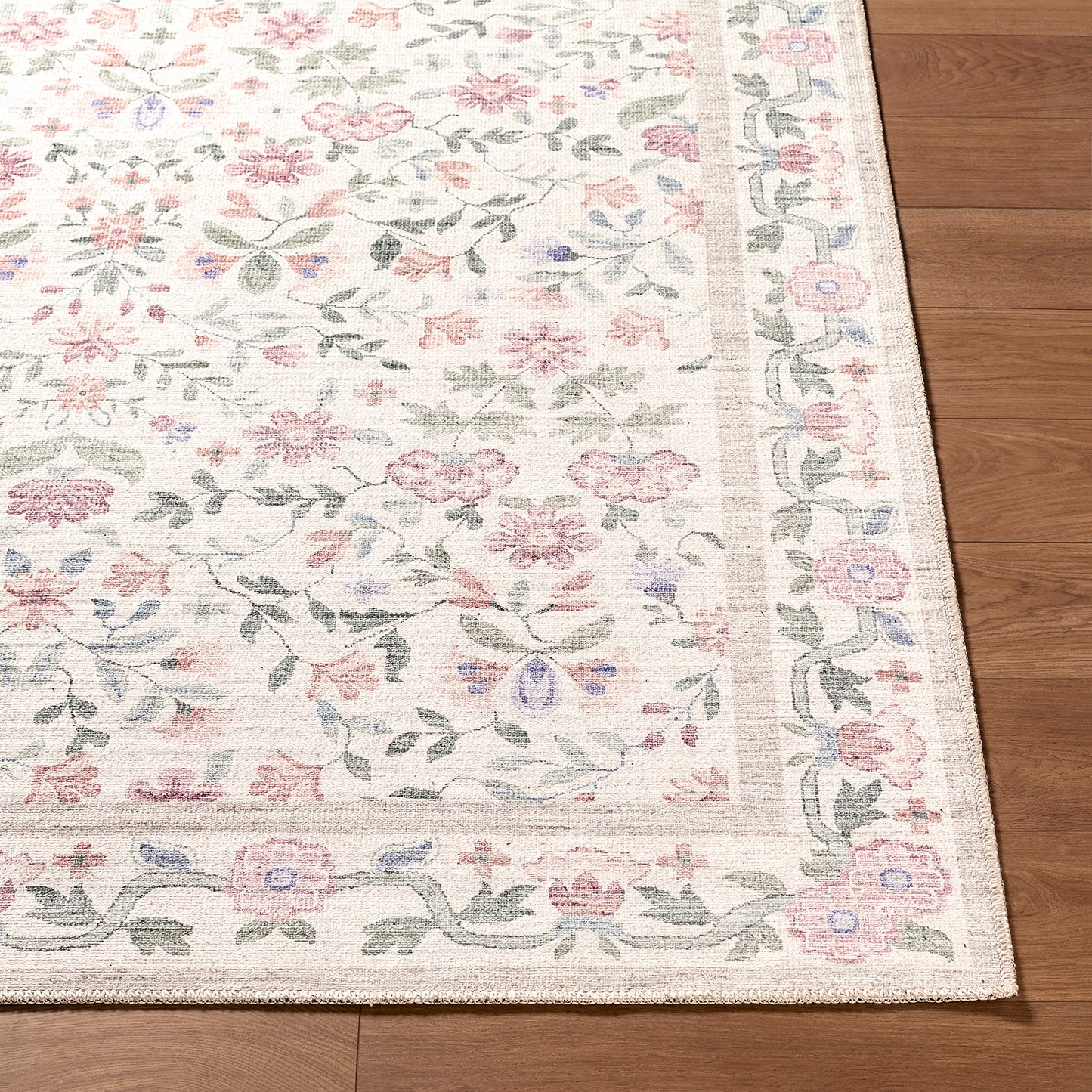 Thistle Floral Pink and Cream Traditional Washable Rug