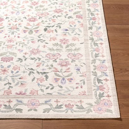 Thistle Floral Pink and Cream Traditional Washable Rug