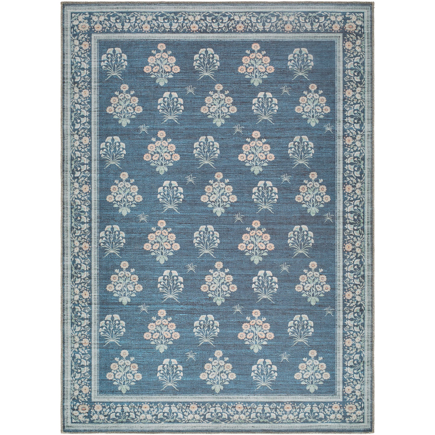 Thistle Floral Blue Traditional Washable Rug