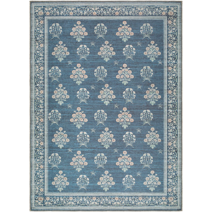 Thistle Floral Blue Traditional Washable Rug