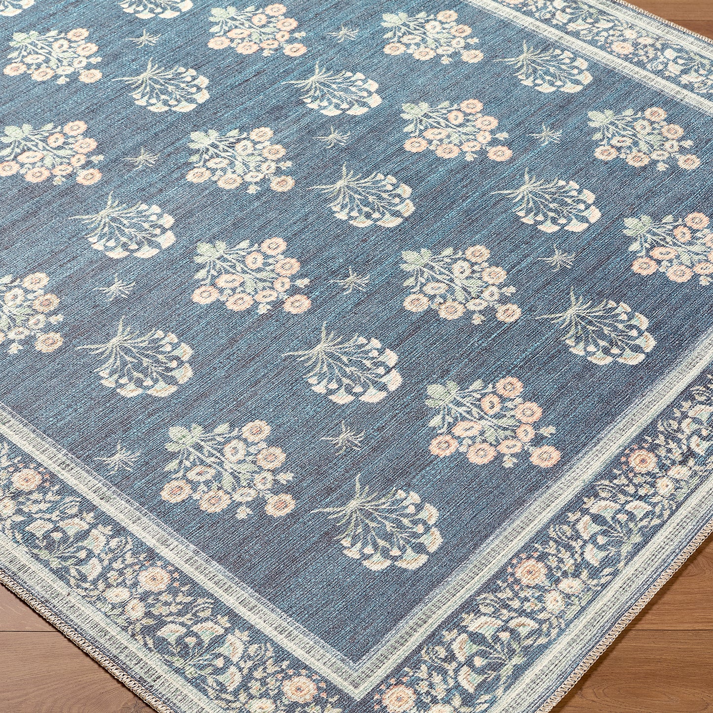 Thistle Floral Blue Traditional Washable Rug