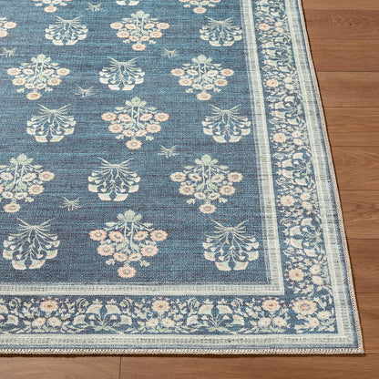 Thistle Floral Blue Traditional Washable Rug